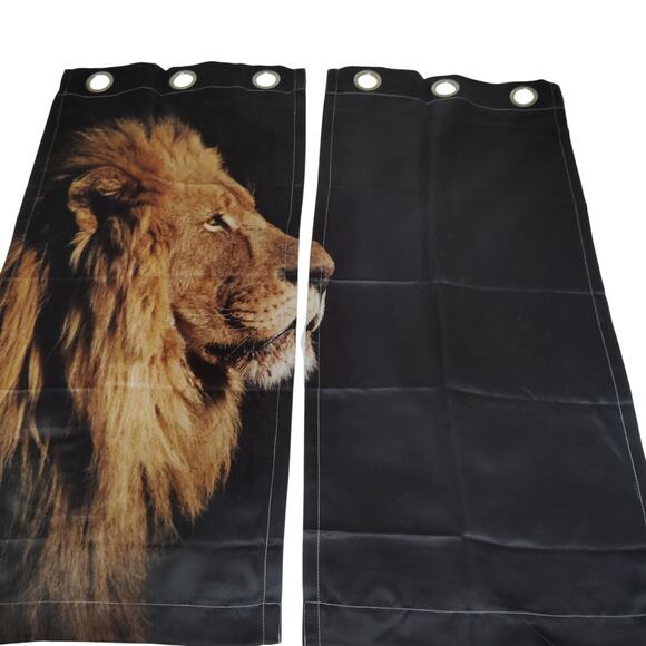 2 Panels Lion Graphic Curtains On Black Background, 42"W x 40"L (Excludes Rings) - Picture 1 of 6